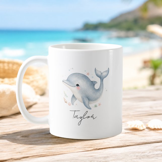 Anpassad Namn Delfin Sköldpadda Mugg (Custom Name Script Font Dolphin Turtle Mug)