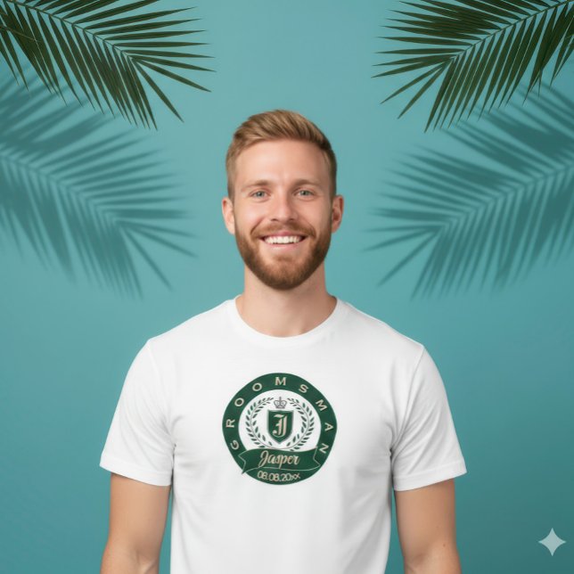 Anpassad namn för brölloppsbrudgum - grön och elfe t shirt (Personalized Jasper Groomsman Wedding Date Heraldic Crest Tee)