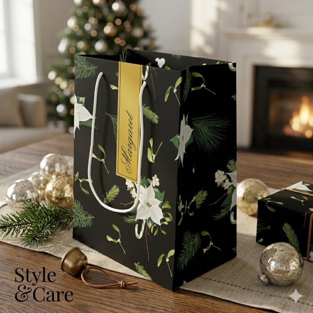 Anpassad Namn Grön Vit Blommig Medelstor Presentpå (Custom Name Green White Floral Medium Gift Bag Design)