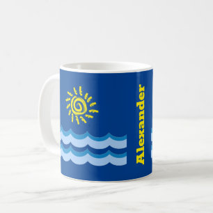 Anpassad Namn Gul Sol Blå Vågor Kaffe Mugg