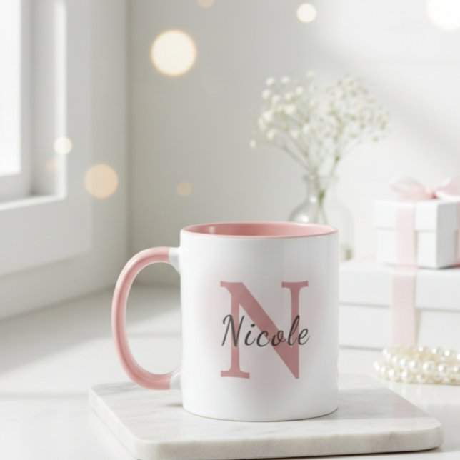 Anpassad Namn & Initial Elegant Dammrosa Rosa Mugg (Skapare uppladdad)