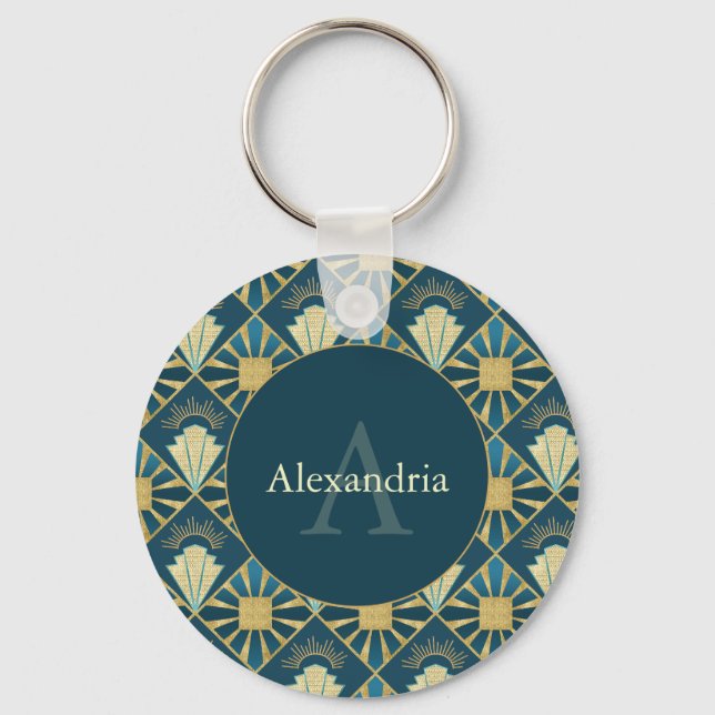 Anpassad Namn & Monogram Art Deco Turkos & Guld Nyckelring (Framsida)