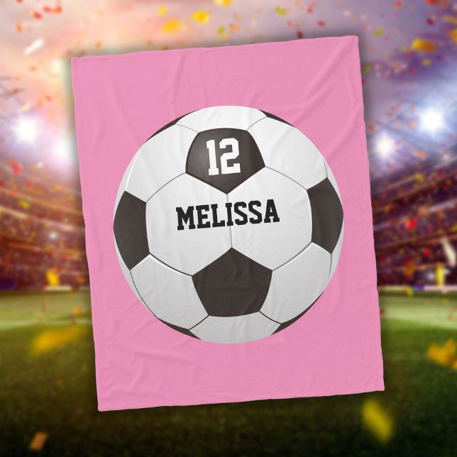 Anpassad Namn Nummer Fotboll Rosa Fleecefilt (Custom Name Number Soccer Ball Pink Fleece Blanket)