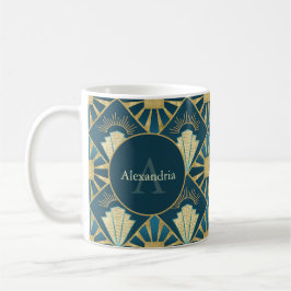Anpassad namn- och monogramkonst Art Deco Teal & G Kaffemugg
