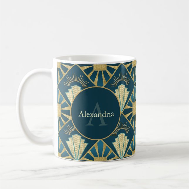 Anpassad namn- och monogramkonst Art Deco Teal & G Kaffemugg (Vänster)