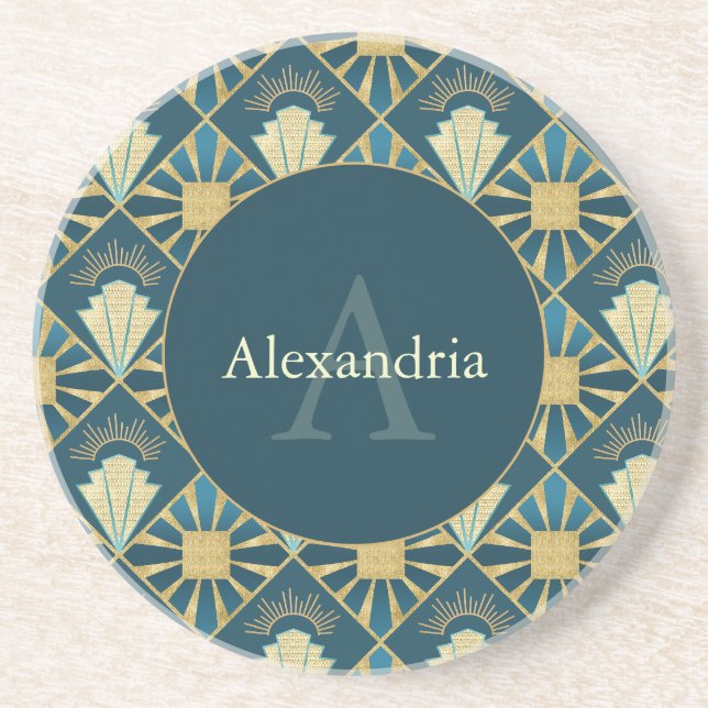 Anpassad namn- och monogramkonst Art Deco Teal & G Underlägg (Framsidan)