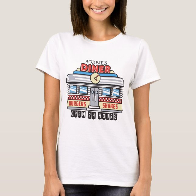Anpassad NAMN Retro 50-tals Diner Skylt Fifties At T Shirt (Framsida)