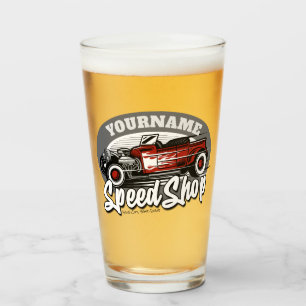 Anpassad NAMN Rockabilly Roadster Speed Shop Garag Glaskopp