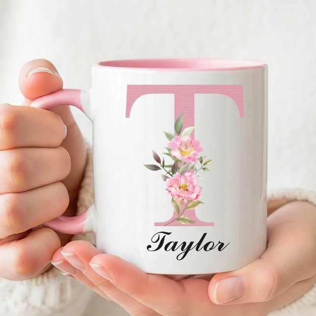 Anpassad Namn Ros Blommig Monogram Kopp Present fö (Personalized Pink Rose Monogram Mug Gift for Her, Floral Roses Initial Name Mug Mother’s Day Gift)