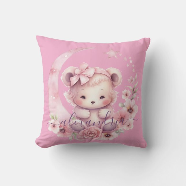 Anpassad Namn Rosa Flicka Teddybjörn Kuddvar Kudde (Framsida)