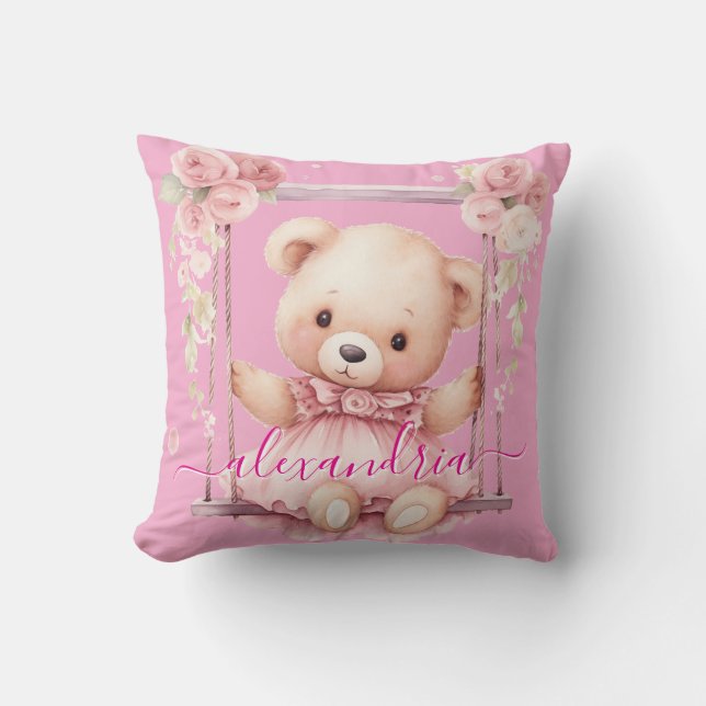 Anpassad Namn Rosa Flicka Teddybjörn Kuddvar Kudde (Framsida)