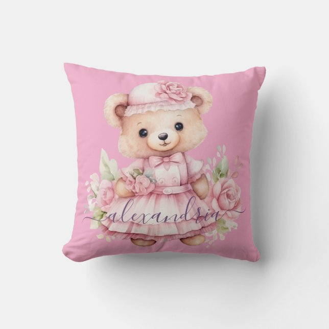 Anpassad Namn Rosa Flicka Teddybjörn Kuddvar Kudde (Framsida)