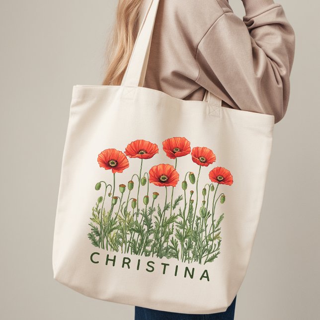 Anpassad namn shoppingväska blommig present till h tygkasse (Custom Name Tote Bag Floral Gift for Her, Custom Poppy floral Tote Wedding Gift  for Bridesmaids)