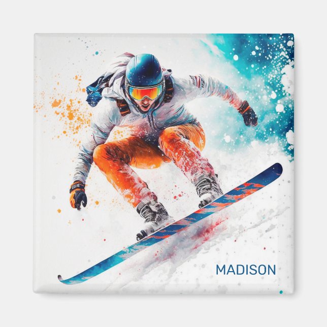 Anpassad Namn Snowboardillustration Magnet (Framsidan)