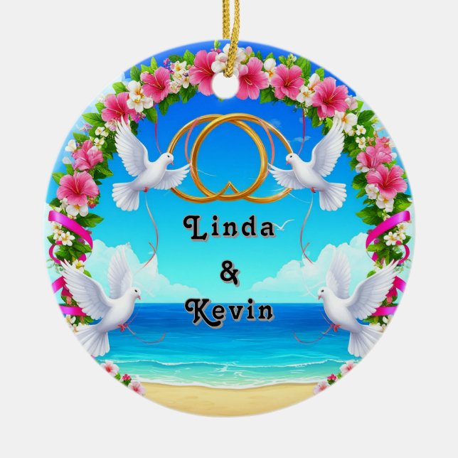 🌊 Anpassad Namn Strand Blommig Båge Havsornament  Julgransprydnad Keramik (Framsidan)