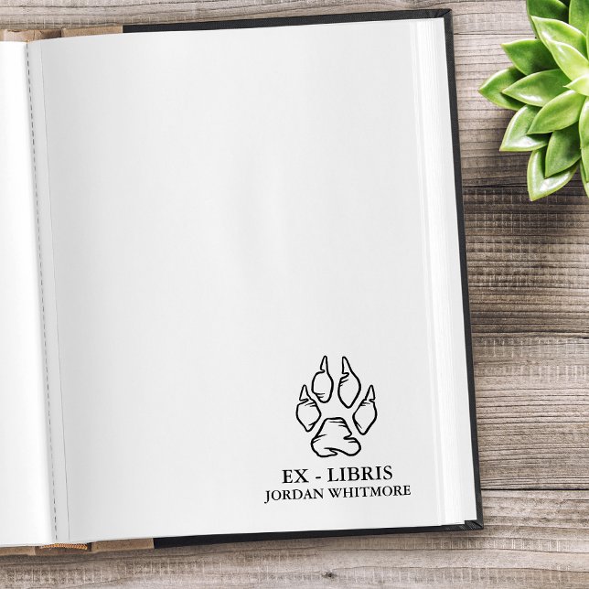 Anpassad namn till exlibris med vargfotsavtryck stämpel (Wolf paw print ex-libris custom name)
