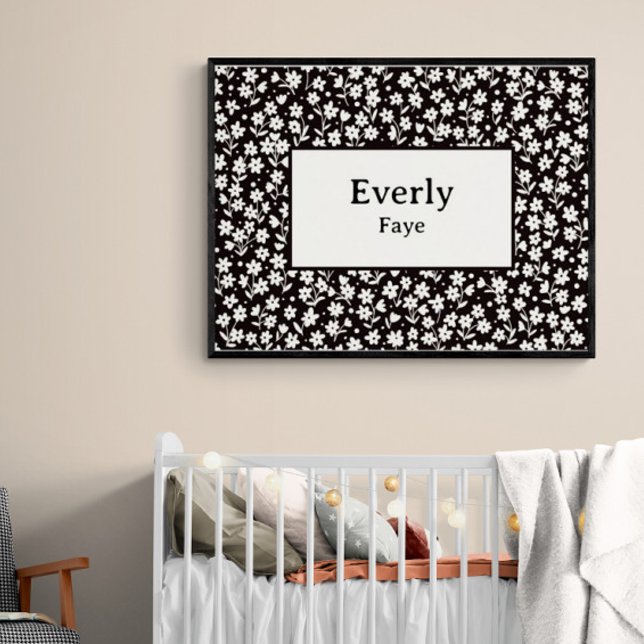 Anpassad Namn Vägg Dekor Svart Vita Blommor Tryck (Customize this baby name print! Shown with a black frame. You will be purchasing the print only.)