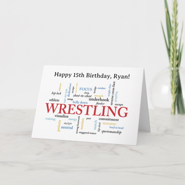 Anpassad Namn Wrestling Födelsedagsordmoln Kort (Framsida)