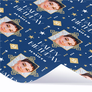 Anpassad namnålder Foto Art Deco Birthday Blue Presentpapper