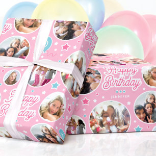 Anpassad namnålder Foto Collage Birthday Stars Ros Presentpapper