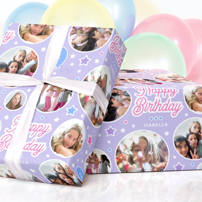 Anpassad namnålder Fotokollage Birthday Star-Lila Presentpapper (Skapare uppladdad)