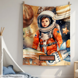 Anpassad namnavbildning med raket- och planetdesig fleecefilt