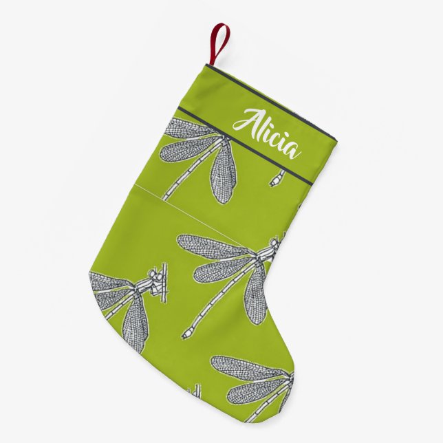 Anpassad namndragonfly vid grönt liten julstrumpa (Framsidan (Hängande))