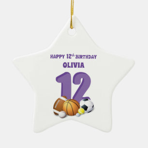 Anpassad namnflicka 12:e Birthday Sports Bollar Julgransprydnad Keramik