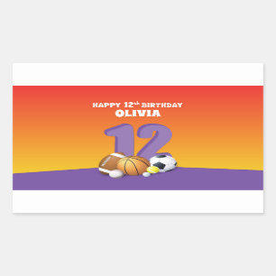 Anpassad namnflicka 12:e Birthday Sports Bollar Rektangulärt Klistermärke