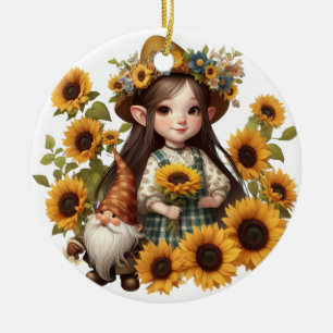 Anpassad namnflicka gnome sunblommor julgransprydnad keramik