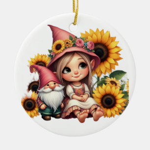 Anpassad namnflicka gnome sunblommor julgransprydnad keramik