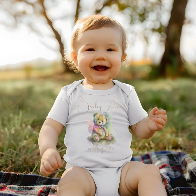 Anpassad namngivningsgåva för Nalle av färgen Cute T Shirt (Cute Watercolor Teddy Bear Custom Name Gift Baby Bodysuit)