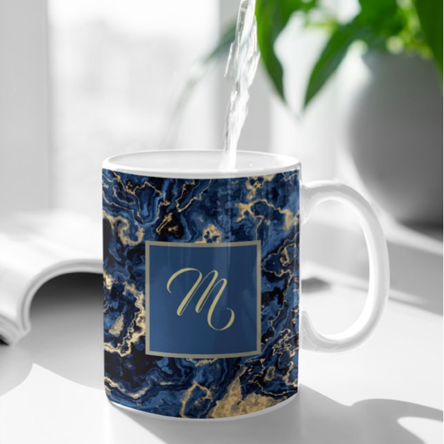 Anpassad namnkaffe för elegant Blue och Guld Marbl Kaffemugg (Skapare uppladdad)
