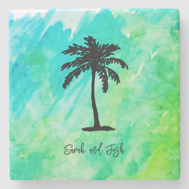 Anpassad namnmonogram vigsel palmträd nautisk stenunderlägg (Framsidan)