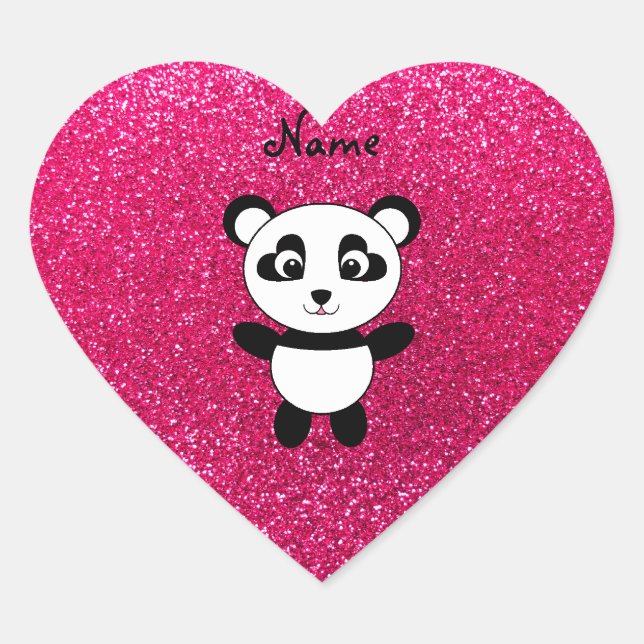 Anpassad namnpanda rosa glitter hjärtformat klistermärke (Framsida)