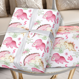 Anpassad namntext för rosa Dinosaur Girl Birthday Presentpapper