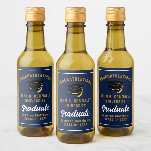 Anpassad Navy Blue Gold Examenfest Mini Vinetikett (Flaskor)