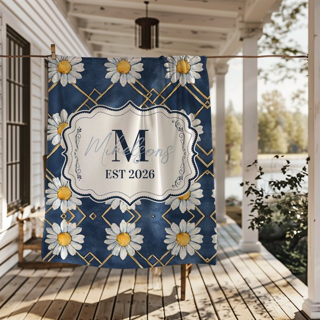 Anpassad Navy Daisy Gingham Monogram Dekor Fleecefilt (Skapare uppladdad)