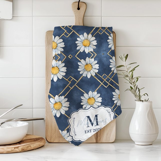 Anpassad Navy Daisy Gingham Monogram Dekoration Kökshandduk (Skapare uppladdad)