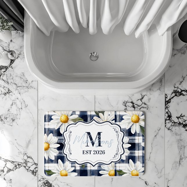 Anpassad Navy Gingham Daisy Monogram Badrumsmatta (Skapare uppladdad)