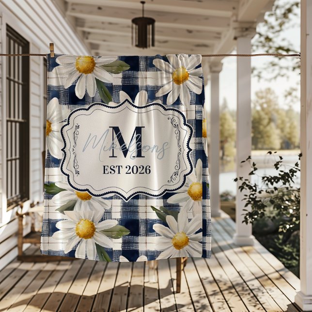 Anpassad Navy Gingham Daisy Monogram Fleecefilt (Skapare uppladdad)