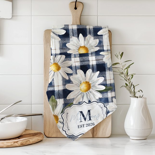 Anpassad Navy Gingham Daisy Monogram Kökshandduk (Skapare uppladdad)