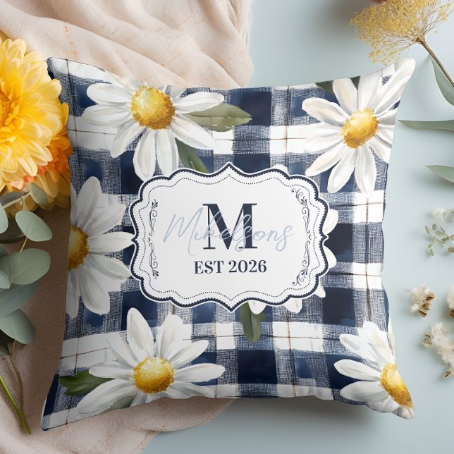 Anpassad Navy Gingham Daisy Monogram Kudde (Skapare uppladdad)