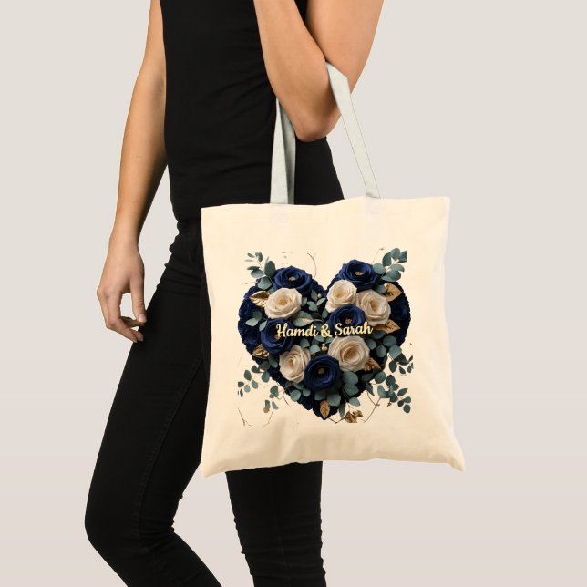Anpassad Navy Guld Blommig Monogram Budget Shopper Tygkasse (Framsida (produkt))
