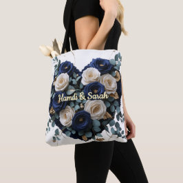 Anpassad Navy Guld Blommig Monogram Hjärtat Totevä Tygkasse