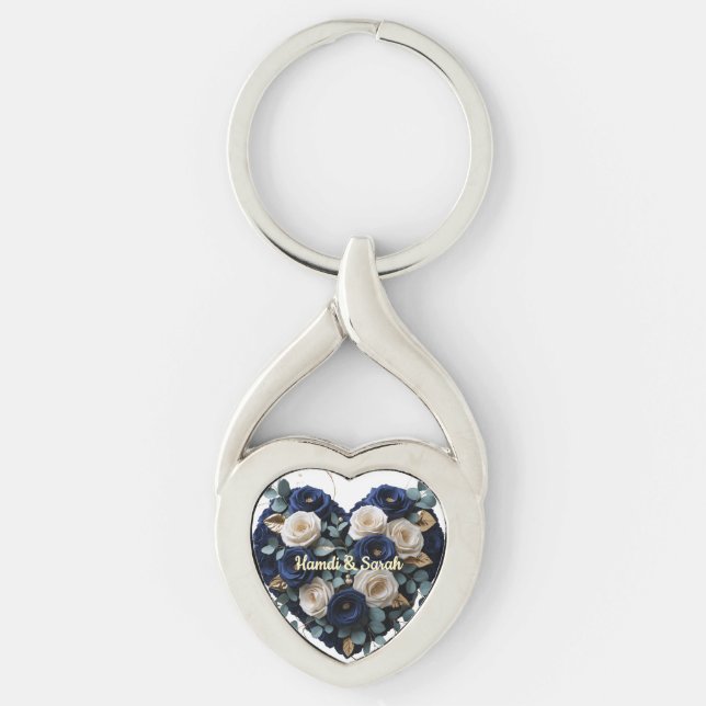 Anpassad Navy Guld Blommig Monogram Hjärtnyckelrin Twisted Heart Silverfärgad Nyckelring (Framsidan)