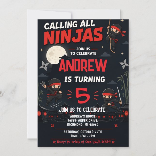 Anpassad Ninja Födelsedagsfest för Barn Inbjudningar (Framsida)