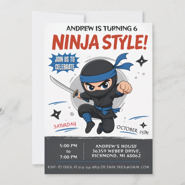 Anpassad Ninja Födelsedagsinbjudan Inbjudningar (Framsida)