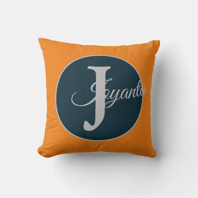 Anpassad orange grå blå Monogram Elegant Kudde (Framsida)