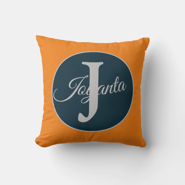 Anpassad orange grå blå Monogram Elegant Kudde (Framsida)